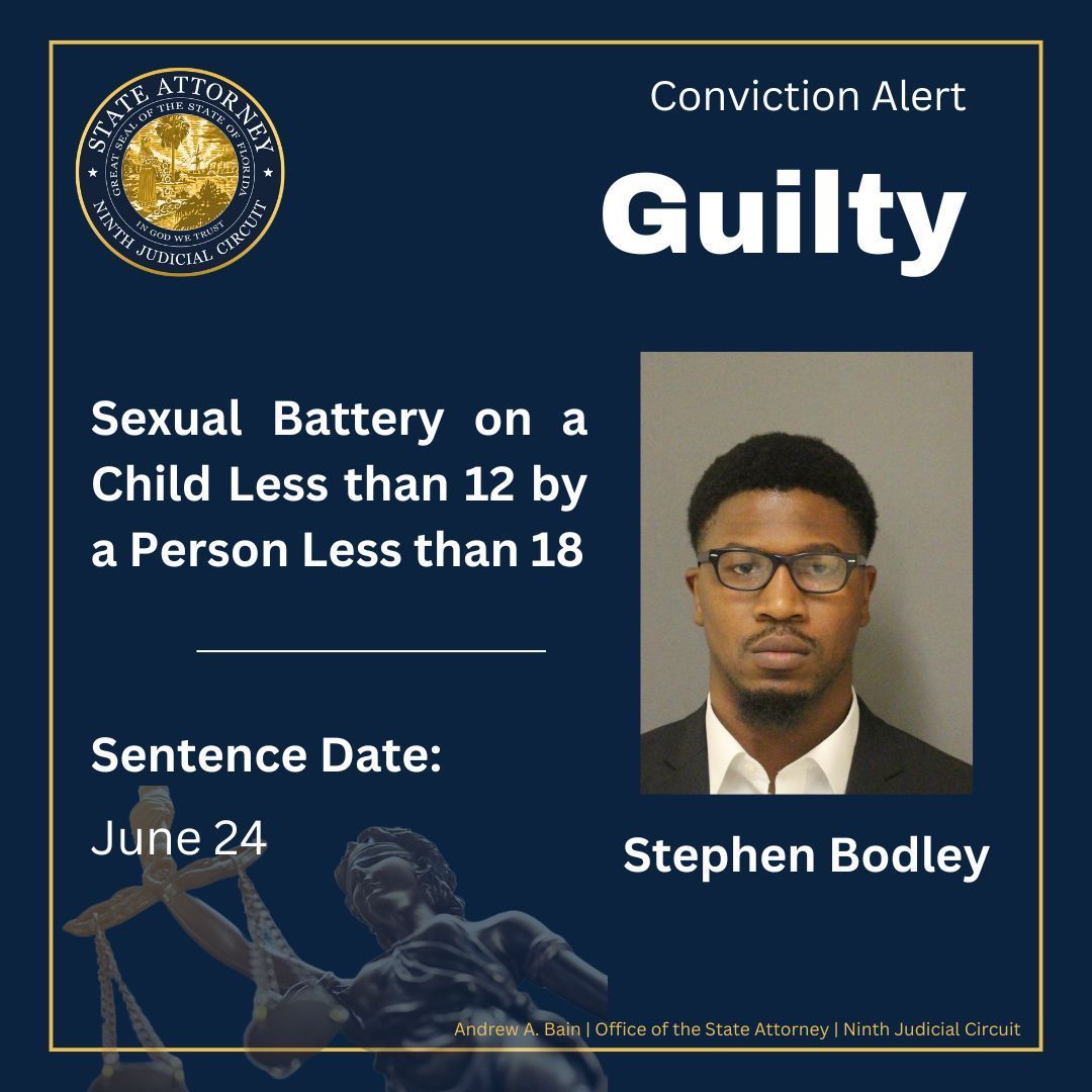 An Orange County jury found Stephen Bodley, 26, guilty of Sexual Battery on a Child after he openly admitted to it during a job interview for the Apopka Police Department. 

Read more: buff.ly/44DsdCx