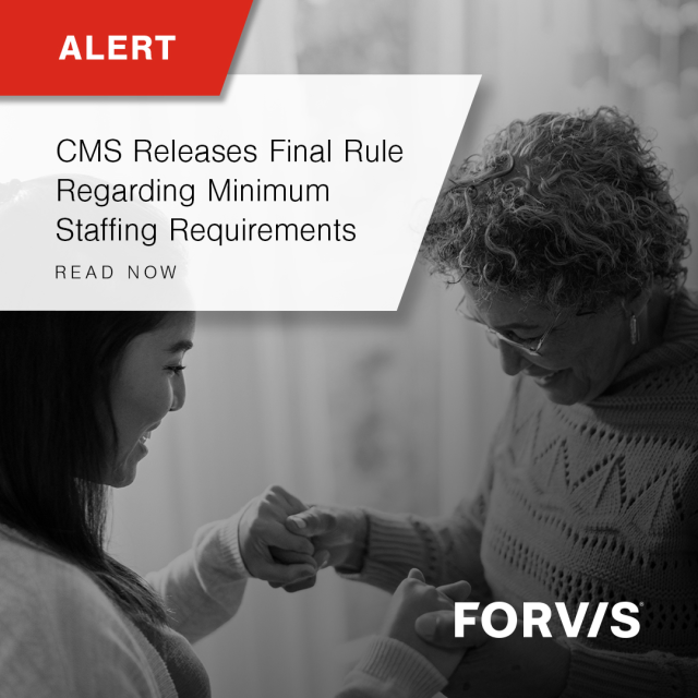 AprilLArnold's tweet photo. .@FORVIS highlights what long-term care leaders should understand about the recent CMS final rule establishing minimum staffing standards in Medicare and Medicaid facilities: https://t.co/QLlehGpisz https://t.co/t6jBx0lVzm