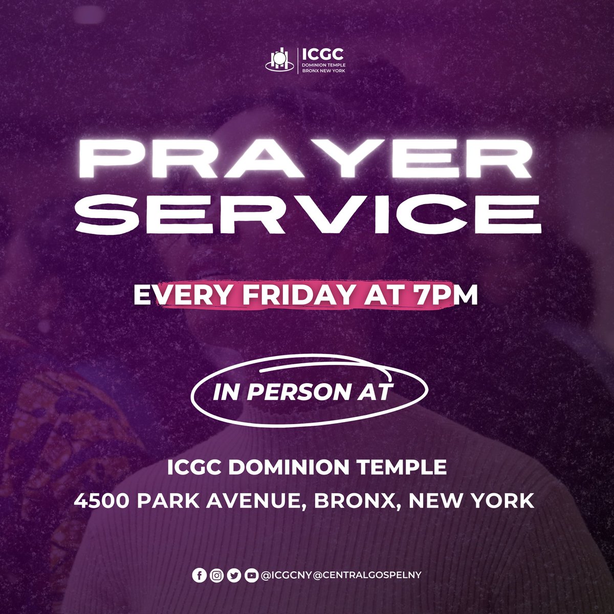 JOIN US TONIGHT at 7PM for Corporate Prayer 🙌🏾 Invite a brother or sister and let’s intercede🔥 
Theme: GOD
•
⚪️Location: 4500 Park Ave. Bronx, NY 10457
🔴 YouTube: ICGC NY Dominion Temple
🔵 FaceBook: @ICGCNewYork
•
#WeAreICGC #ICGCWorldwide #ICGCDTNY #explorepage