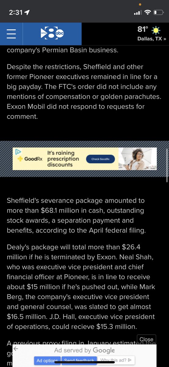 Pioneer oil exec Scott Sheffield is getting a $68 million dollar payout after FTC found he colluded with OPEC to raise gas prices and blocked him from joining Exxon’s board post-merger. Thank you for your service!