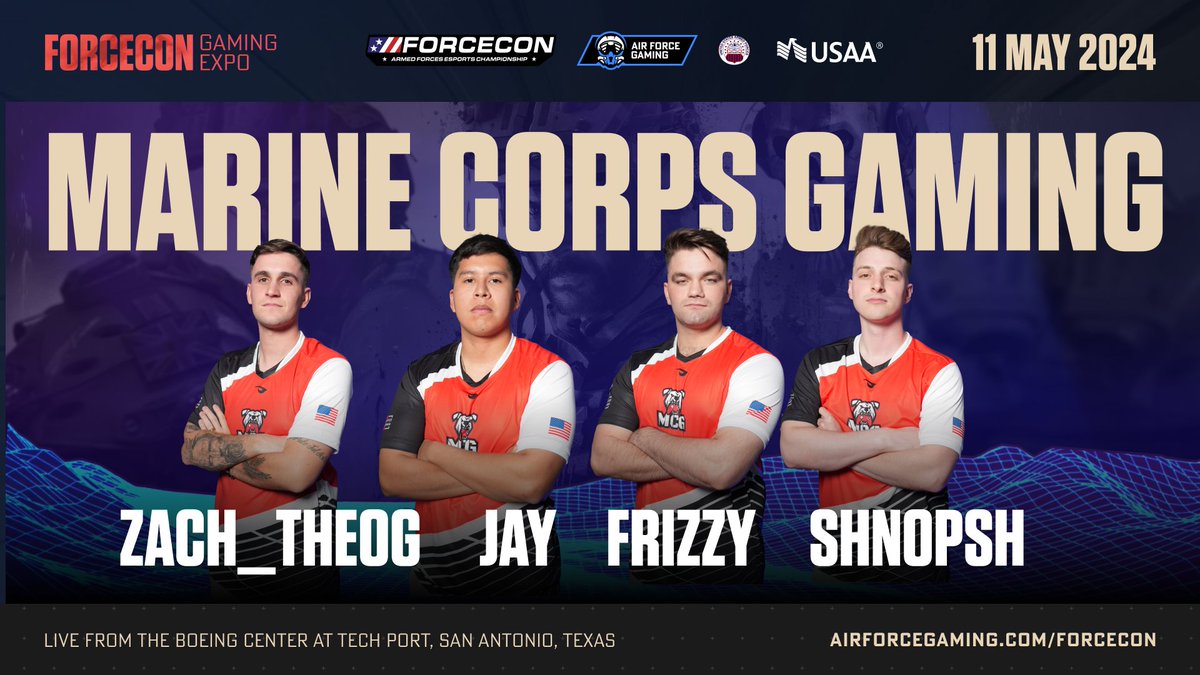 Meet the Marine Corps Gaming team competing for the Armed Forces Esports Championship at #FORCECON! 🔥 Zach_TheOG 🔥 Jay 🔥 Frizzy 🔥 Shnopsh We're live on twitch.tv/airforcegaming for Day 1! Tune in and support the teams 👊