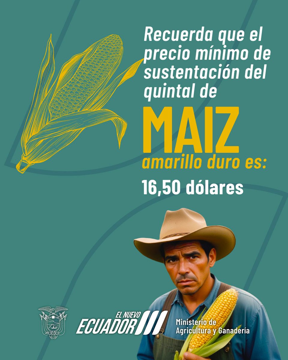 ¡Dile no a la especulación en el precio del maíz! 🌽 Recuerda que, conforme a los acuerdos establecidos junto a productores e industriales en el Consejo Consultivo del Maíz Amarillo Duro, el precio por este rubro es de USD 16.50. Juntos luchamos contra la inequidad en esta…