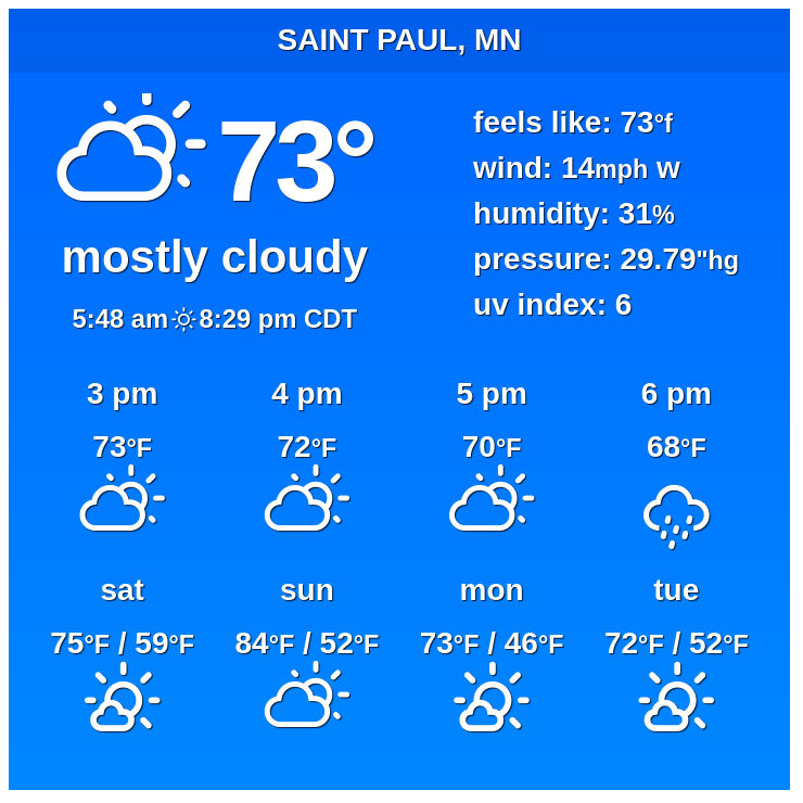 🇺🇸 SaintPaul, MN - Long-term weather forecast

For the next ten days, a combination of rainy, sunny and cloudy #weather is predicted.

✨ Explore: weather-atlas.com/en/minnesota-u…

 #SaintPaul  #mnwx  #minnesota