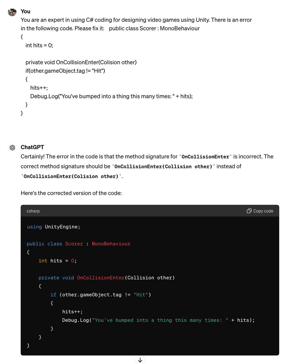 Taught my G7-9 students how to use <a href="/ChatGPTapp/">ChatGPT</a>  to help fix our C# coding for <a href="/unity/">Unity</a> game designing class. There are so many cool applications for AI in schools. <a href="/RVSDiscoveryTr/">Discovery Trails Online School</a> #aiforschools #ai #gamedev