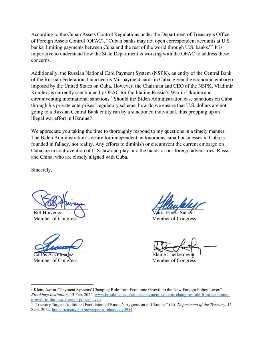 🚨I sent a letter to @SecBlinken & @SecYellen on the Biden Admin’s loophole to bypass sanctions on Cuba by directly financing small businesses (Mipymes, in Spanish) on the Island! U.S. law is clear: American banks are off limits to any organization connected to the regime.
