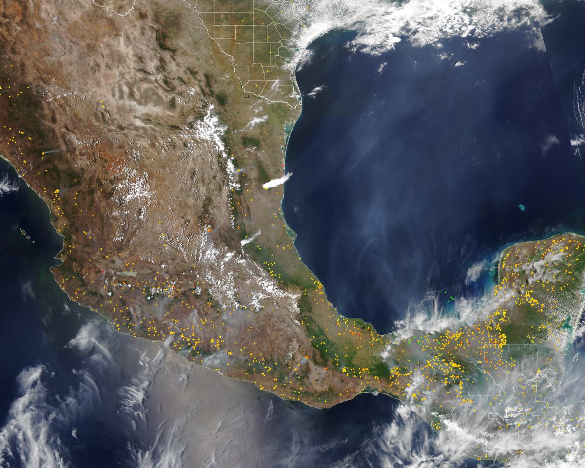 An image captured by the #NOAA21 satellite shows Mexico and northern Central America with a smoky haze over the Gulf of Mexico. 

The image includes #VIIRS fire data represented by yellow and dark orange dots, indicating areas of seasonal burning with moderate intensity. #AQAW