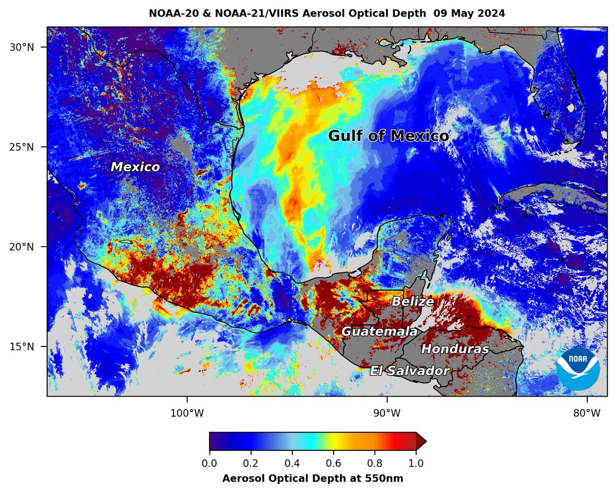 The highest concentrations of smoke aerosols from seasonal burning in Southern Mexico & Central America are dark red in this #VIIRS Aerosol Optical Depth (AOD) image from May 9, 2024, derived from #NOAA20 & #NOAA21 satellites. #AQAW

See the next post for a satellite view. ⬇️