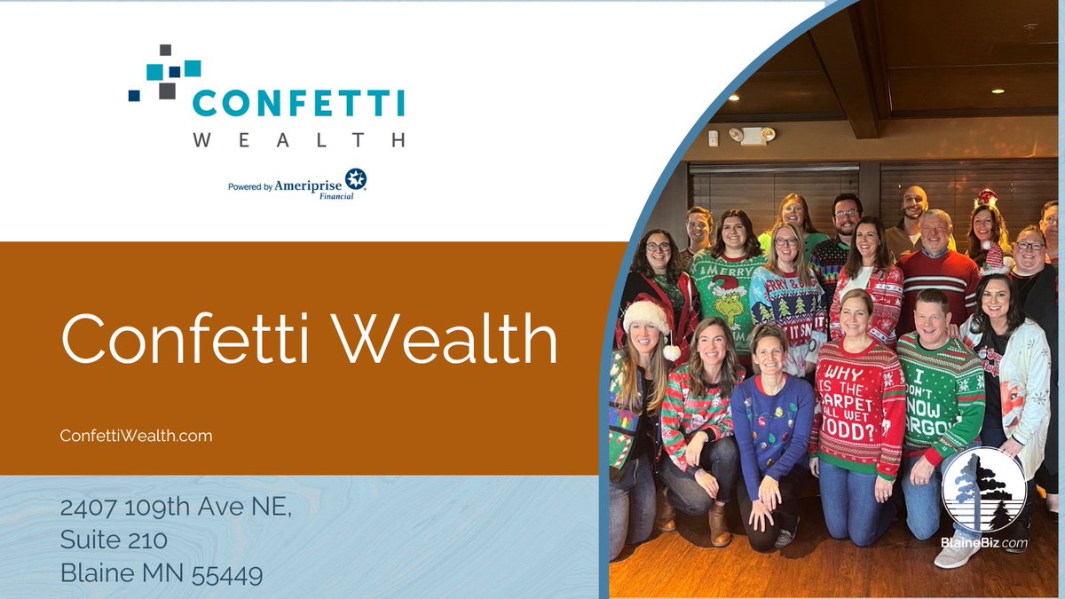 Small Business Month continues! Blaine celebrates by spotlighting local businesses. Today's feature is Confetti Wealth, offering comprehensive financial planning to prepare you for life's surprises. Visit them at 2407 109th Ave. NE, Suite 210 or confettiwealth.com #BlaineMN