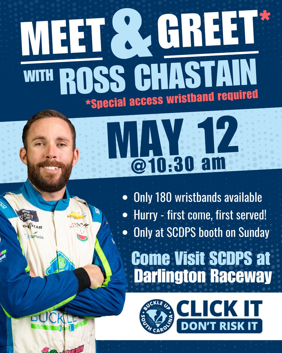 theSCDPS's tweet image. In case you missed it, today’s your chance to meet @NASCAR  driver @RossChastain at the SCDPS booth at @TooToughToTame!

You’ll need a special access wristband to meet Ross, which you can only get at the SCDPS booth. Only 180 wristbands available on a 1st come, 1st served basis!
