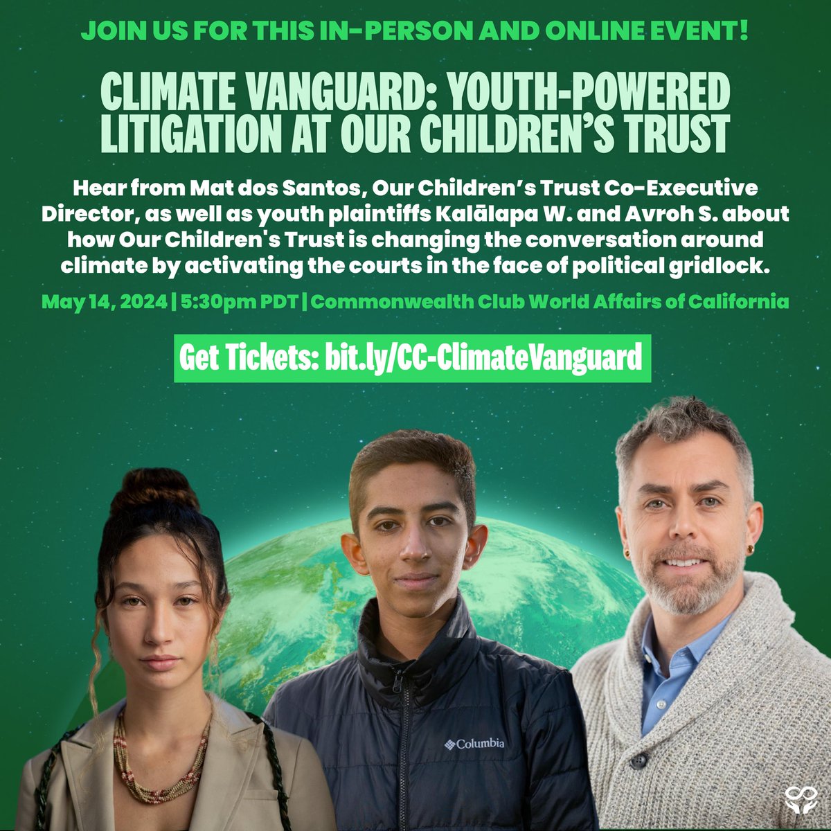 Don’t miss this event hosted by @cwclub, moderated by Andrew Dudley (@EarthDotLive!) Mat dos Santos, our Co-Executive Director along with youth plaintiffs Kalālapa and Avroh will discuss the landmark climate lawsuits gaining traction through the courts. bit.ly/CC-ClimateVang…
