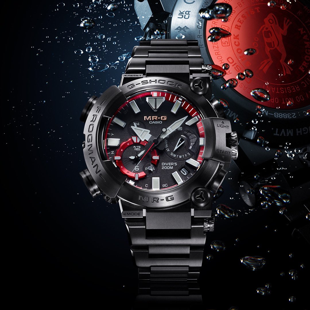 NEW MR-G FROGMAN ALERT! 🚨 Discover the latest evolution, featuring… 🌊 Multi-Component Ti64 Structure 🌊 DAT55 Titanium Band 🌊 Screw-back w/Sapphire Crystal Insert 🌊 DLC & Striking Red Vapor Deposition 🌊 ISO200 Meter Water Resistant 🌊 Made in Japan ⌚️: MRGBF1000B1A