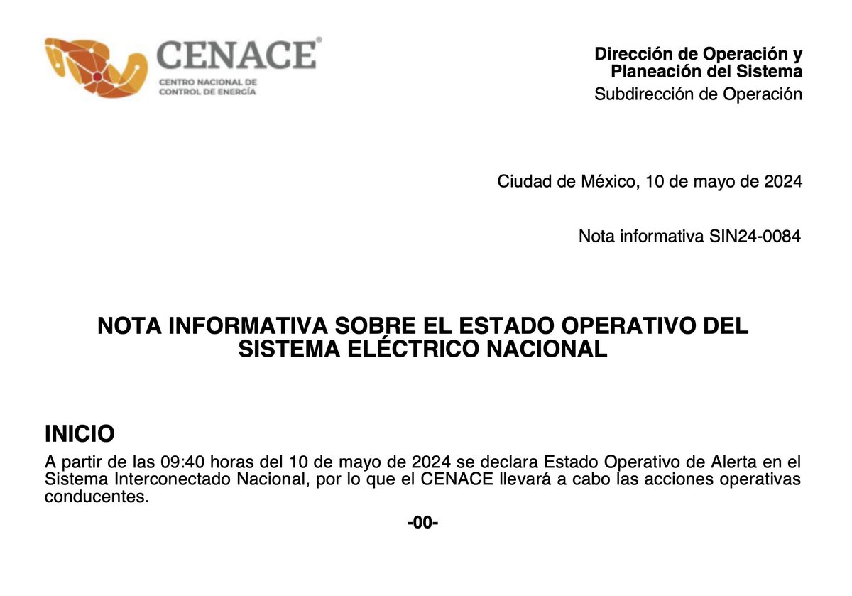 #ALMOMENTO | CENACE se declara en Estado Operativo de Alerta en el Sistema Interconectado Nacional