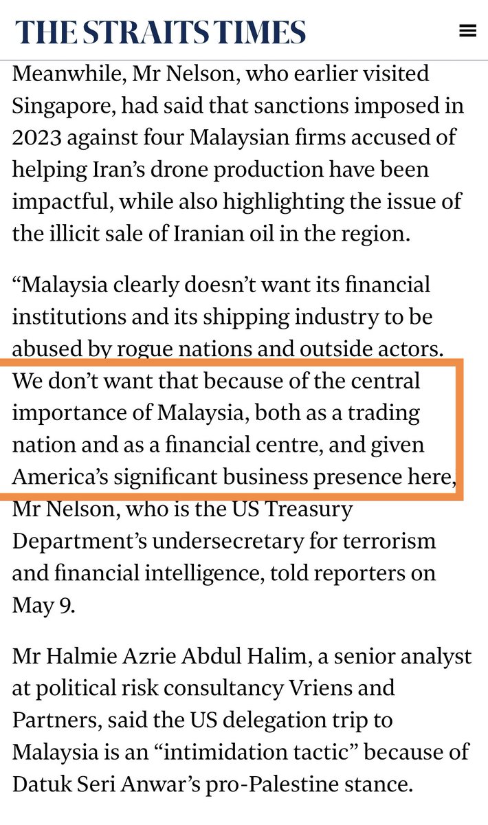 The US Treasury Dept's top sanctions official arrives in Malaysia: 'Nice little trading nation and financial centre you have there. It would be a shame if something happened to it.'