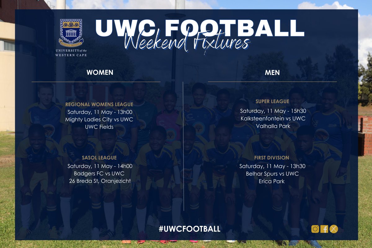 Weekend Fixtures 😃👋 🔵Top of the table clash in the Sasol League Stream B! 🔵Women's third team is at home while the gents play away! 𝘼𝙡𝙡 𝙩𝙝𝙚 𝙗𝙚𝙨𝙩 𝙩𝙤 𝙖𝙡𝙡 𝙤𝙛 𝙤𝙪𝙧 𝙩𝙚𝙖𝙢𝙨 𝙞𝙣 𝙩𝙝𝙚𝙞𝙧 𝙪𝙥𝙘𝙤𝙢𝙞𝙣𝙜 𝙚𝙣𝙘𝙤𝙪𝙣𝙩𝙚𝙧𝙨! 👊 #UWCFootball