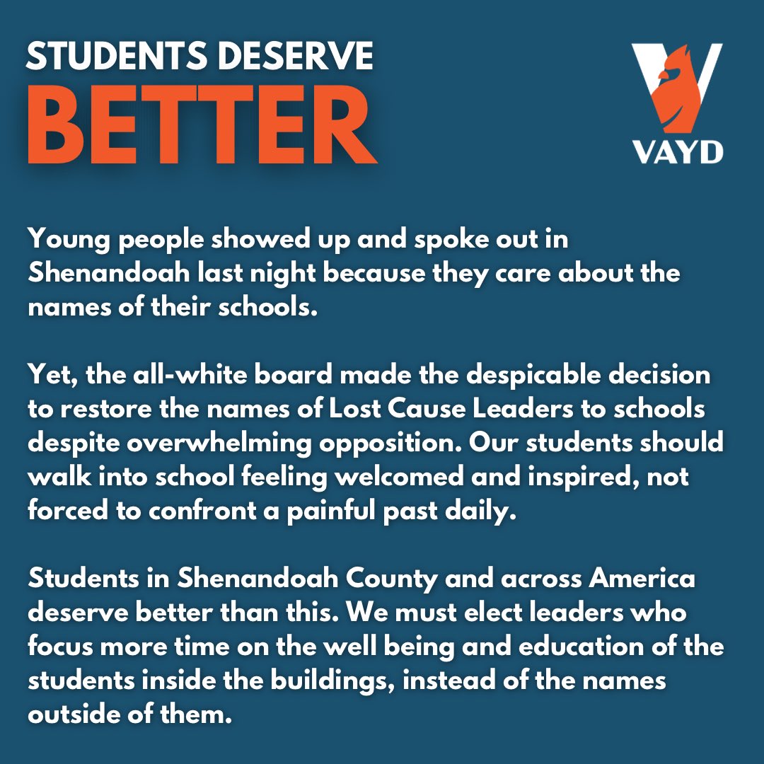 The board’s decision in Shenandoah is despicable and highlights a lack of focus on the issues that really matter in education. Students deserve better and we must work to elect officials that believe the same!