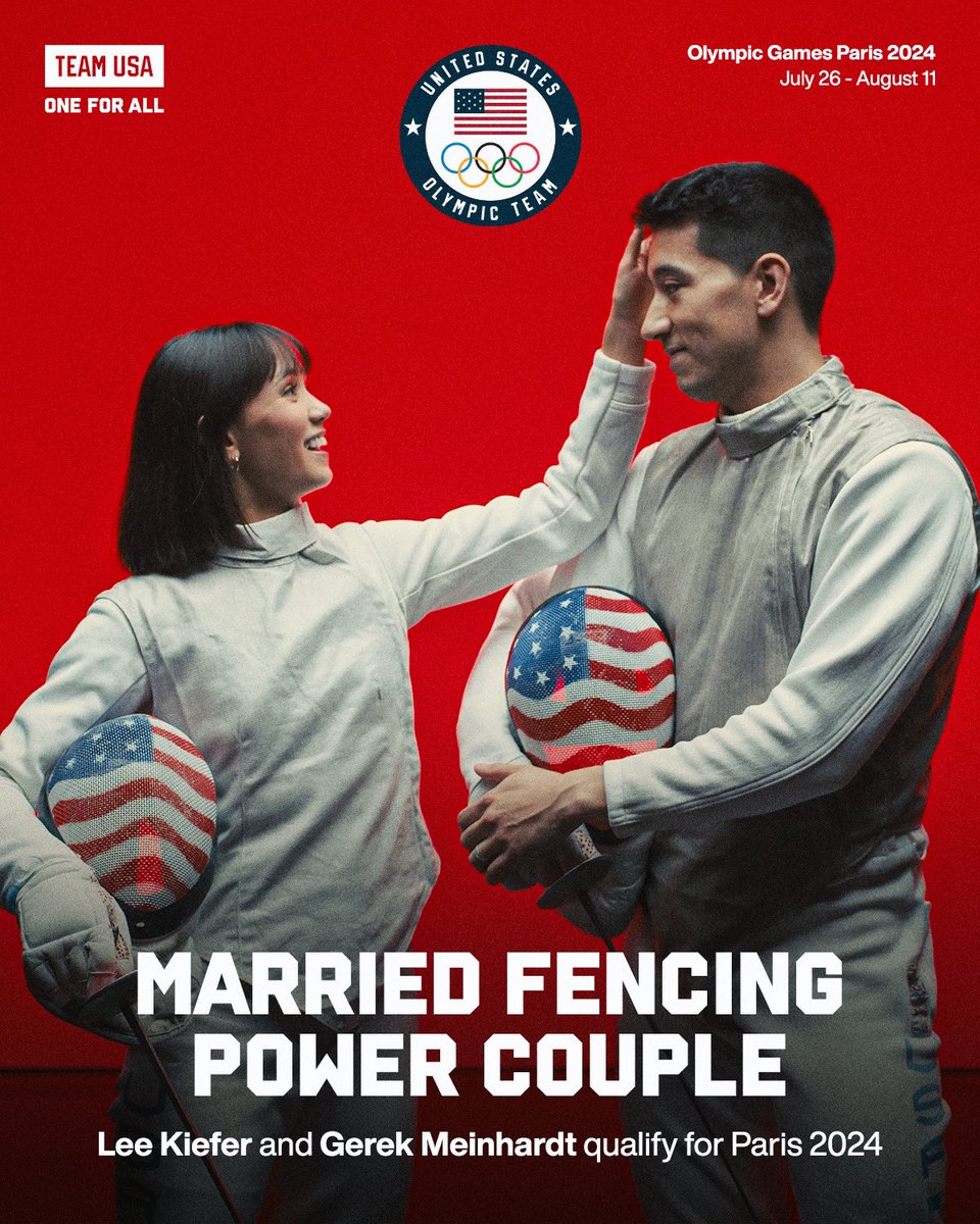 The definition of couple goals 🔥 Team USA fencers @leetothekiefer and @GerekMeinhardt are heading to their fourth Olympic Games together! #MTUSA | #ParisOlympics