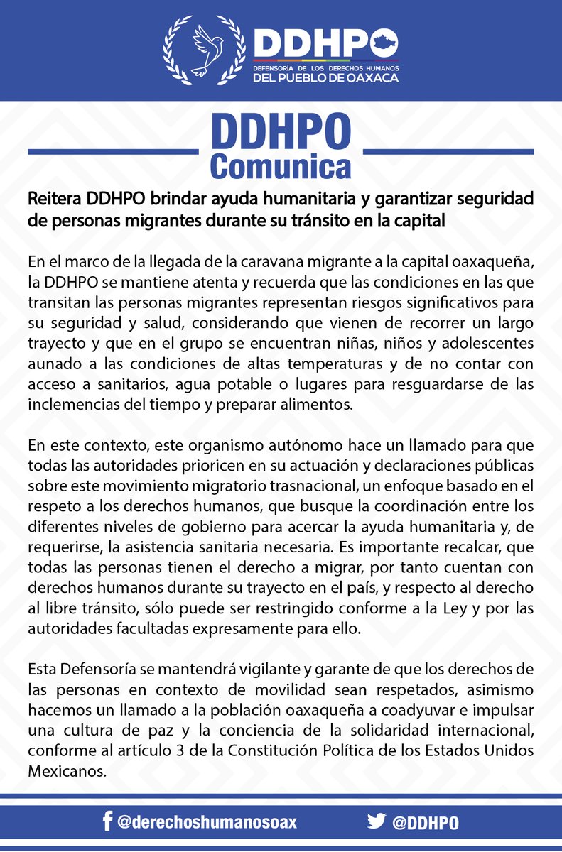 La #DDHPO se mantiene vigilante durante el paso de personas migrantes por la capital oaxaqueña, y hace un llamado a respetar sus derechos humanos.