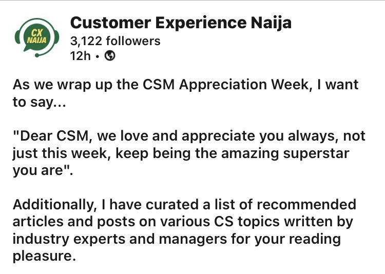 Even though CSM Appreciation Week is coming to a close, dear CSM you’re always dear to our hearts ❤️ 

I also curated something for your reading pleasure 👇

linkedin.com/posts/cx-naija…