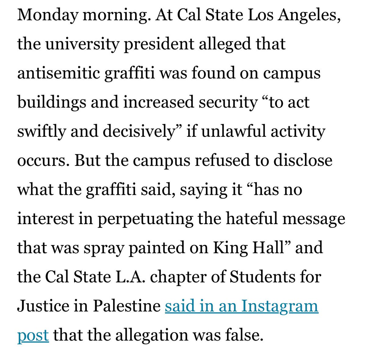 Surprise, surprise, Cal State LA was unable to provide any evidence about “antisemitic graffiti” on campus. It is safe to say that CSULA President Eanes lied about this in an attempt to criminalize the camp. Journalists, please, this is why it’s so important to ask for proof!