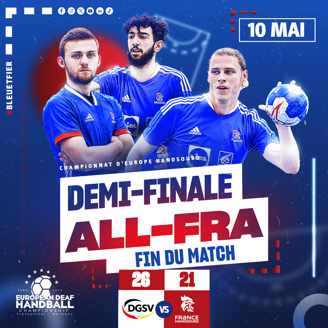 FIN DU MATCH | 🇩🇪 26-21 🇫🇷 L'Équipe de France HandSourd s'incline en demi-finale du championnat d'Europe 2024 face à l'Allemagne, pays hôte. Rendez-vous demain pour la petite finale ! 💪😁 #BleuetFier