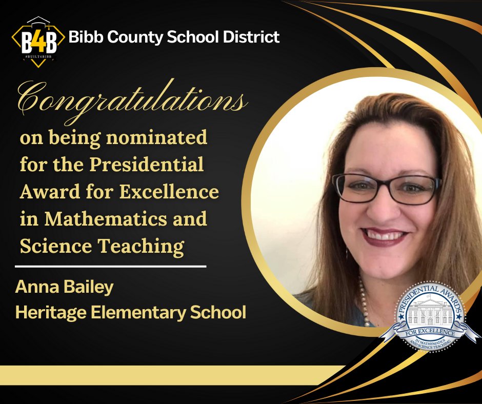 Congratulations, Anna Bailey, on your nomination for the PAEMST Award. Your nomination for the PAEMST Award is truly well-deserved! Happy Teacher Appreciation Week! @BibbSchools @HESMacon 
#Inspired2Inspire
#Built4Bibb