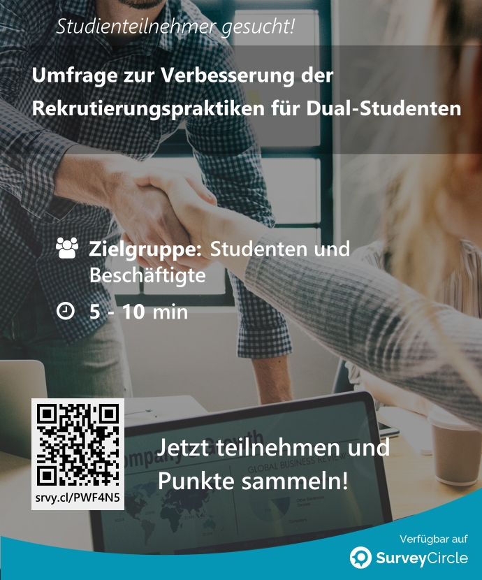 Teilnehmer gesucht für top-platzierte Online-Studie: 'Umfrage zur Verbesserung der Rekrutierungspraktiken für Dual-Studenten' surveycircle.com/PWF4N5/ via @SurveyCircle #akaduniversity #rekrutierung #optimierung #verbesserungen #HumanResource #bewerbungsprozess