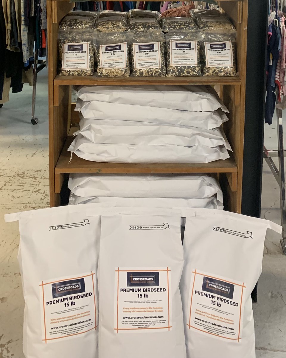 Buy a bag of Crossroads Mission Avenue Premium Birdseed TODAY at Mission Avenue Thrift! Provide for our struggling neighbors while caring for our local wildlife! 🐦‍⬛ crossroadsmission.com/thrift-stores/ #MissionAvenueThrift #CrossroadsMissionAvenue #BirdSeed #ComeShop #GreatDeals