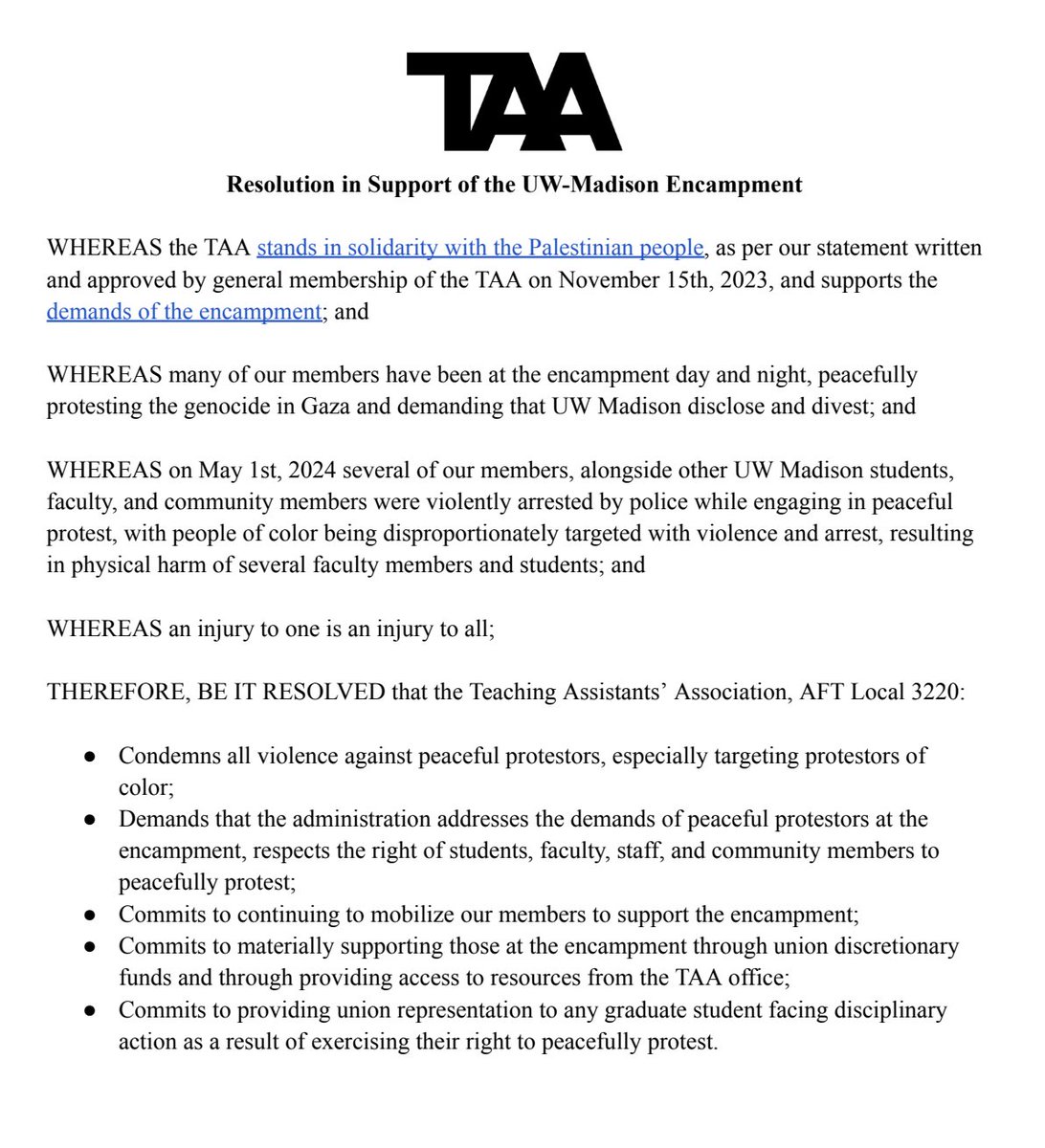 TAA Resolution in support of the UW-Madison Encampment