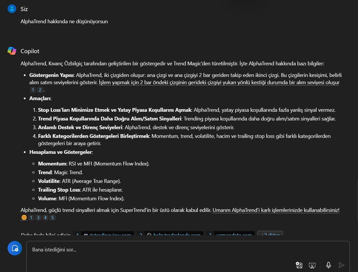 AlphaTrend'i Microsoft'un yapay zekası Copilot'a sormuşlar... MFI (Money Flow Index) dışında gayet güzel bir anlatım yapmış bana kalırsa. ✅
