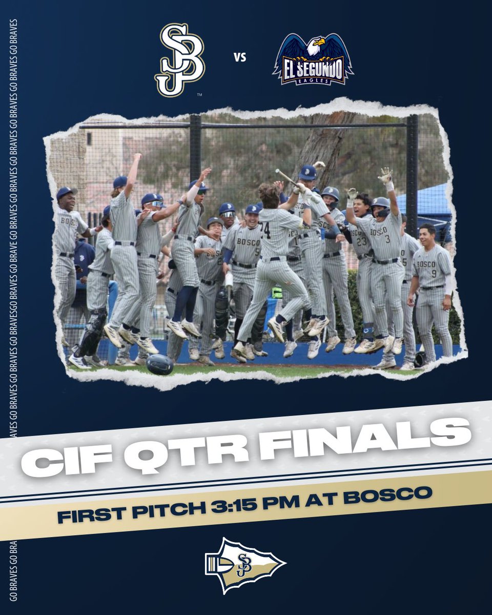 SJBoscoBaseball's tweet photo. 🚨 PLAYOFF GAME DAY 🚨 Bosco Baseball vs El Segundo HS for a CIF Quarterfinal game at 3:15 pm at St John Bosco.

Come out and support the Braves!

#boscobaseball #stjohnbosco #stjohnboscobaseball #cif #cifsouthernsection https://t.co/8JkSuj5LP8