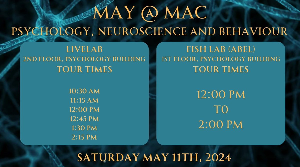 The Psychology, Neuroscience and Behaviour department is excited to welcome high school students into some of our labs! Visit the psychology building tommorow (May 11) at these times to learn about some of our research!🐟🥁