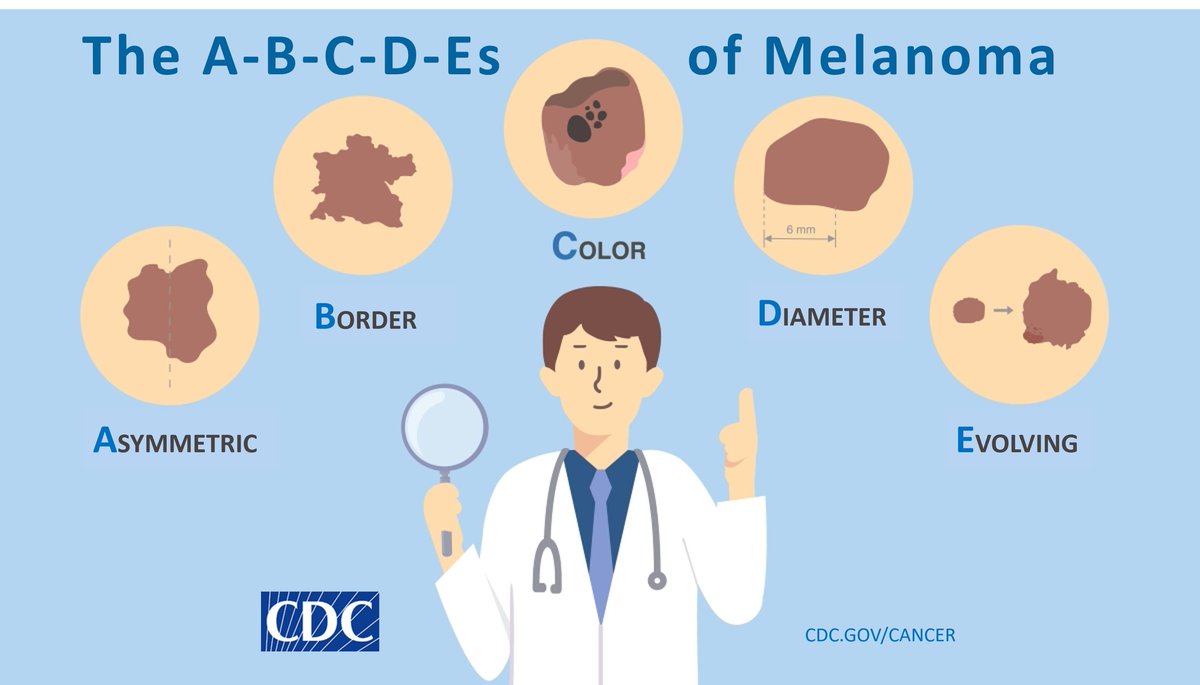Talk to your doctor if you notice changes in your skin such as a new growth, a sore that doesn't heal, a change in a mole, or any of the ABCDEs of melanoma. Learn the symptoms of #SkinCancer: cdc.gov/cancer/skin/ba… #SkinCancerPreventionMonth