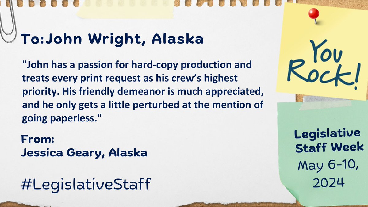 As part of NCSL's #LegislativeStaff Week, we are selecting a few 'shoutouts' to spotlight each day. Here's a shoutout for John Wright in the Alaska Legislature! Have someone in mind for a 'shoutout'? Today is the last day to submit yours➡️ bit.ly/3wf0r2K #AKleg