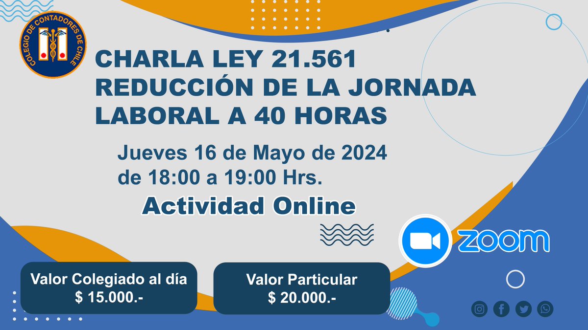 CHARLA LEY 21.561 REDUCCIÓN DE LA JORNADA LABORAL A 40 HORAS
Jueves 16 de Mayo de 2024
de las 18:00 a las 19:00 horas
La modalidad de la charla es online, vía plataforma Zoom.

INSCRIPCIONES:
forms.gle/3J8omJA61JNh1Z…