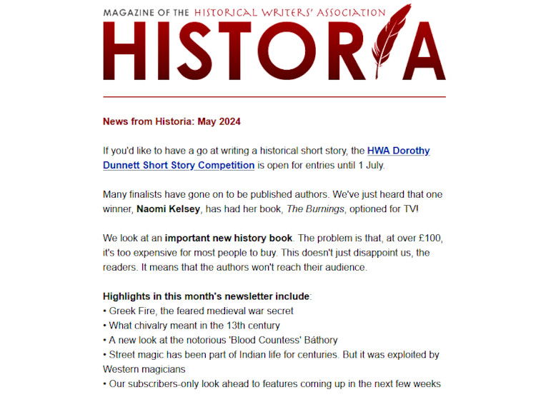 The May Historia newsletter is on its way to your inbox with the usual mix of features, news and the subscribers-only sneak peak ahead. Five minutes of Friday fiction and non-fiction for history lovers - I hope you enjoy it