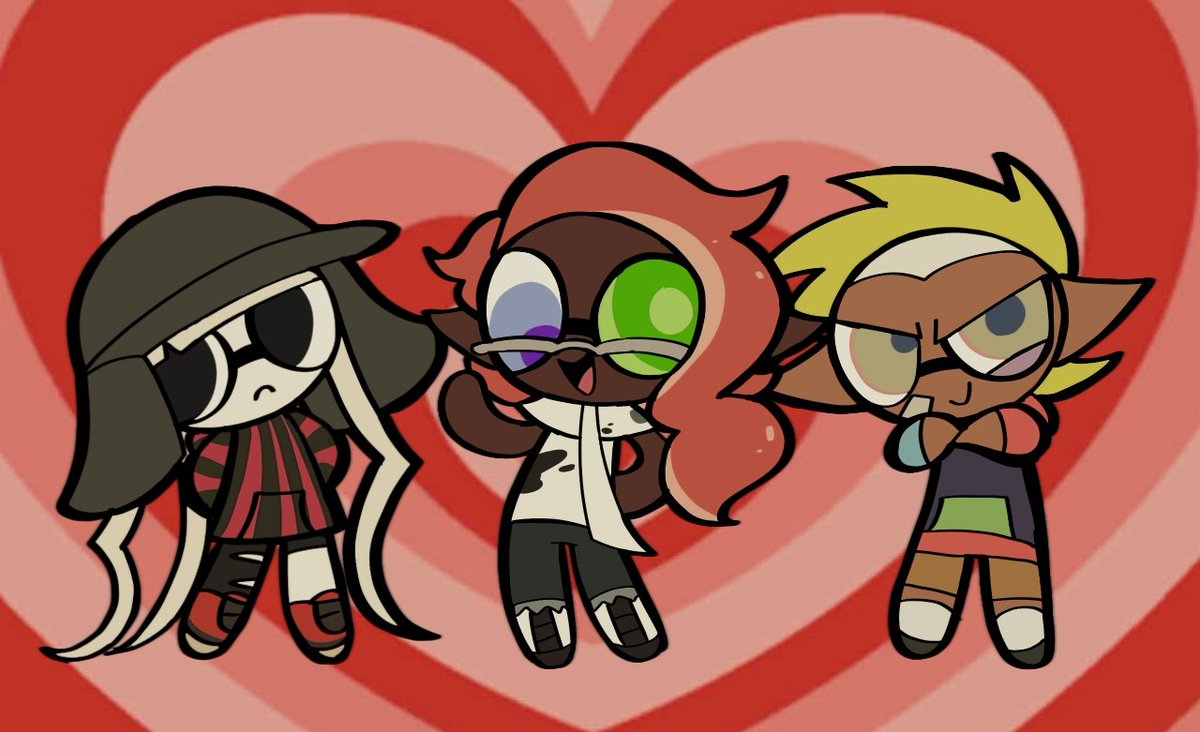 my main splatoon 3 ocs but in the ppg's style....powerpuff fellas (left to right: pino, damien, toes)