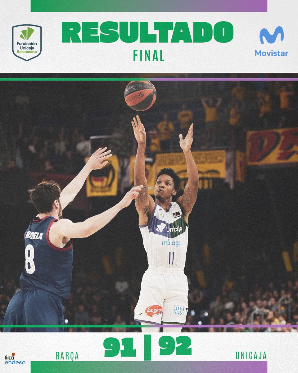 unicajaCB's tweet photo. 🚨 FINAL. ¡VICTORIA! 91-92

🏆 J. 33 @ACBCOM
🆚 @FCBbasket

💚💜 #UnicajaLive #LigaEndesa @movistar_es https://t.co/Lp7FvSPQoa