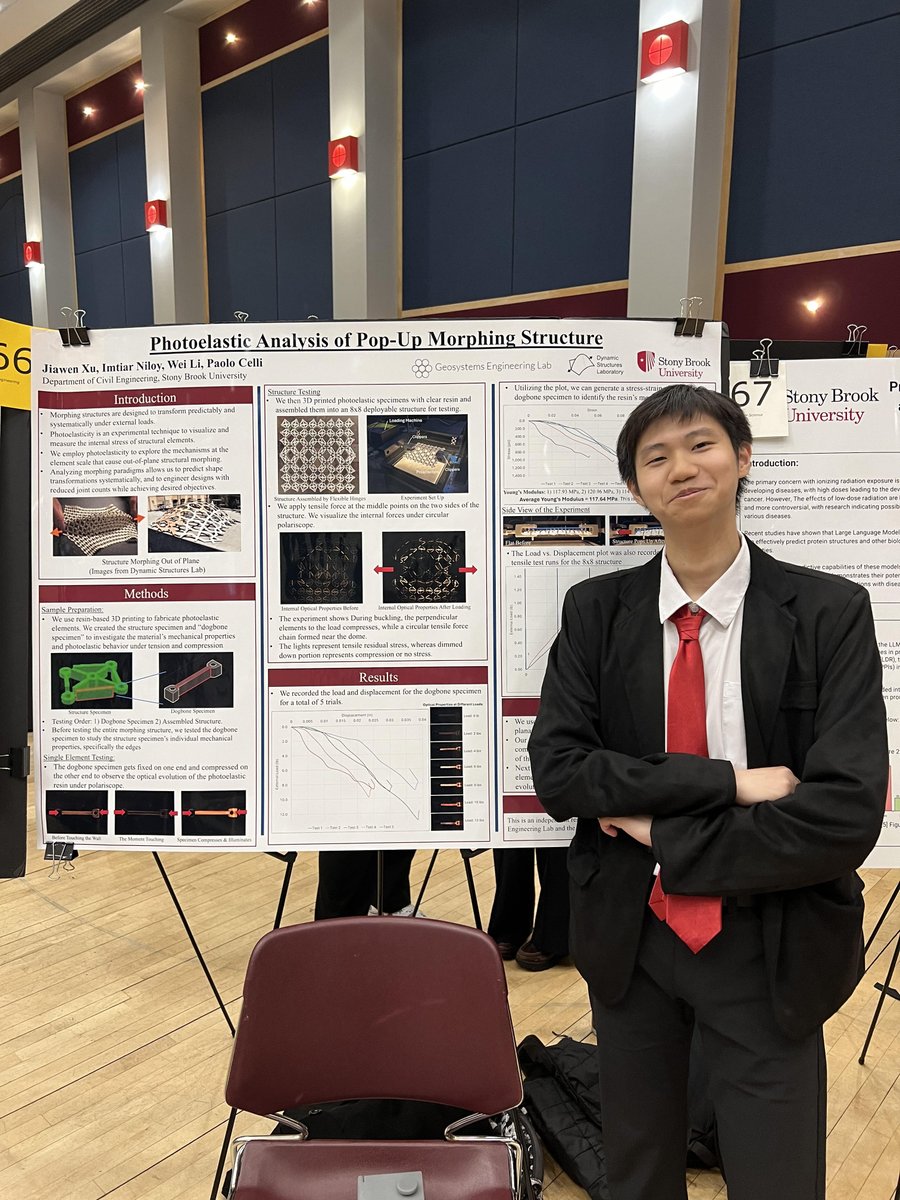 Jiawen Xu, a civil engineering student, at the annual Undergraduate Research and Creative Activities (URECA)/Vertically Integrated Projects (VIP) Symposium, presented on Photoelastic Analysis of Pop-Up Morphing Structure. bit.ly/4bnkdHZ #civilengineering #stonybrooku
