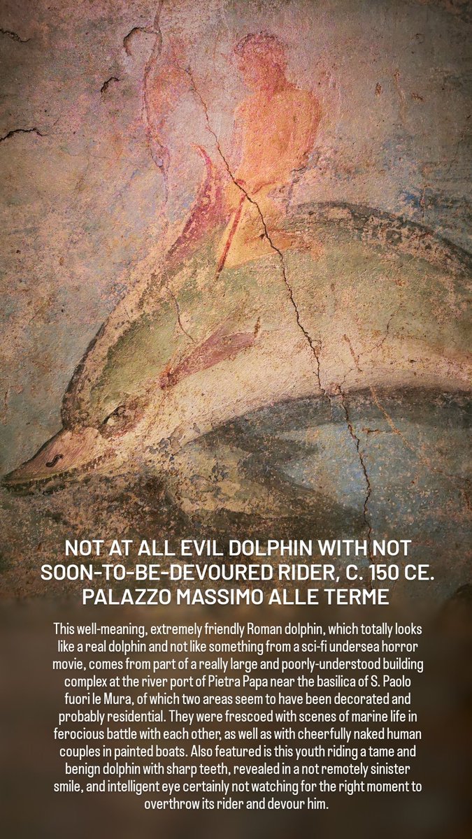 Today's #FrescoFriday takes us to the Porto Fluviale or river port downstream from central #Rome, where a mid-C2 CE fresco cycle introduces us to those kindly, beneficent denizens of the #Roman sea, the #dolphin. Why anyone would see this beautiful cetacean as #evil is a mystery.