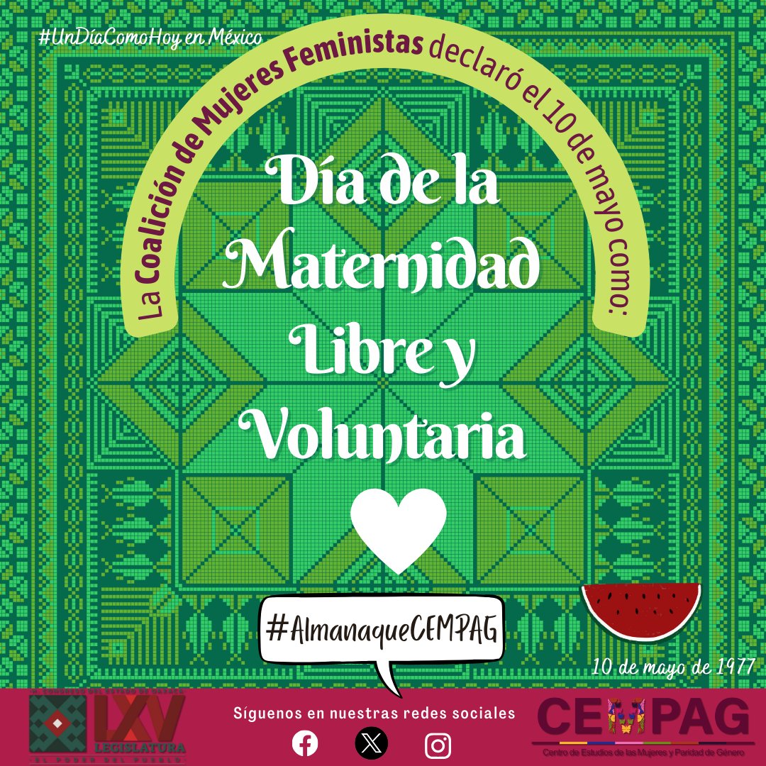 #UnDíaComoHoy en México, la CMF declaró este día como: Día de la Maternidad Libre y Voluntaria, en ese mismo año marcharon vestidas de negro en señal de luto por todas las mujeres muertas por abortos clandestinos.
Consulta el #AlmanaqueCEMPAG en t.ly/huGhb