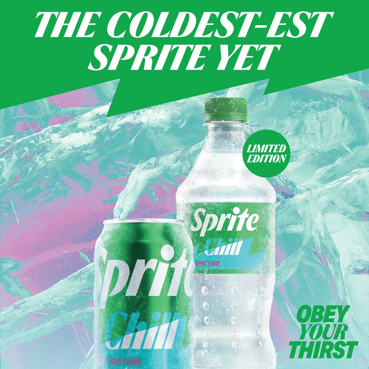 Introducing new, limited-edition Sprite Chill: the coldest-est lemon-lime flavored soda in the game, featuring a cherry lime taste and a unique cooling effect. Available in full sugar and zero sugar options.

#Sprite #SpriteChill #ObeyYourThirst