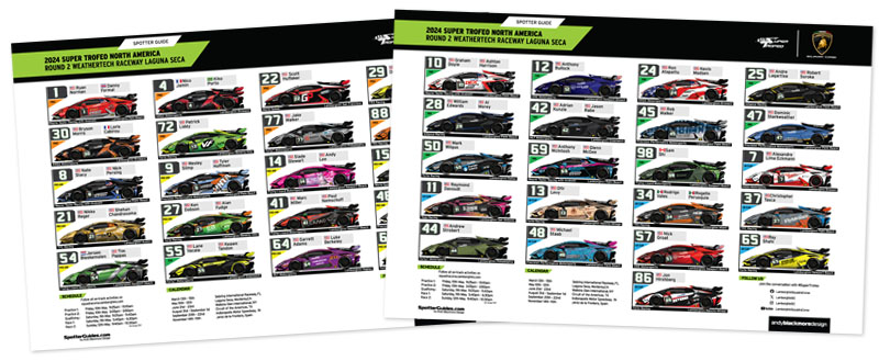 The official #Lamborghini #SuperTrofeo N.A. Spotter Guide is now available with 41 entries! Download: spotterguides.com/portfolio/24_l… Race 1 Saturday, watch youtube.com/@LamborghiniSq… Don't forget, the official #IMSA guide is also available for this wk/end for WeatherTech & MichelinPilot