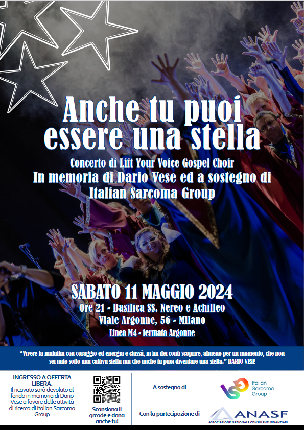 ItaSarcomaGroup's tweet photo. Sabato 11/5 #Milano ore 21: “ANCHE TU PUOI ESSERE UNA STELLA” 🌟 #concerto del Lift Your Voice Gospel Choir in memoria di Dario Vese. Ingresso: offerta libera a sostegno della ricerca ISG sui #sarcomi .
📍Chiesa Ss Nereo e Achilleo, V.le Argonne 56
https://t.co/86beNR0ApE https://t.co/w996sF7MFY
