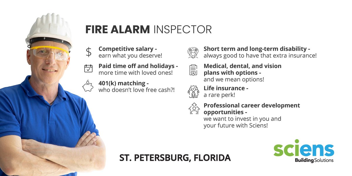 Ensure code-compliant inspections in the beautiful Tampa/St. Petersburg area!
Apply here: recruiting2.ultipro.com/SCI1004SCBU/Jo…
#scienscareers #sciensproud #wearesciens #firealarminspector #tampabayjobs #StPetersburgJobs #NowHiring #firelifesafetyjobs