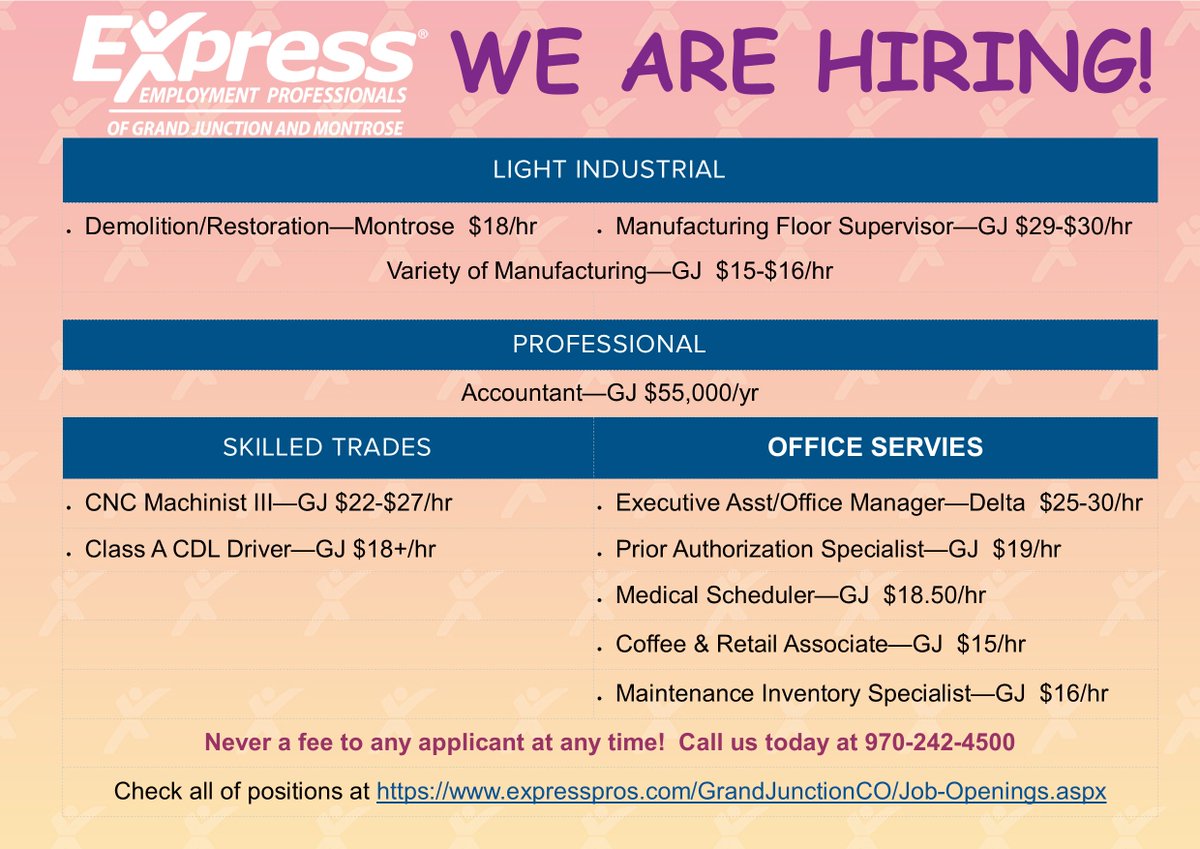 Check out our latest openings!
Look at all job descriptions and apply here: expresspros.com/GrandJunctionC…
Or send us your resume to Jobs.GrandJunctionCO@ExpressPros.com
#hiring #MesaCountyJobs #GrandJunctionJobs #FruitaJobs #ColoradoJobs #ExpressPros