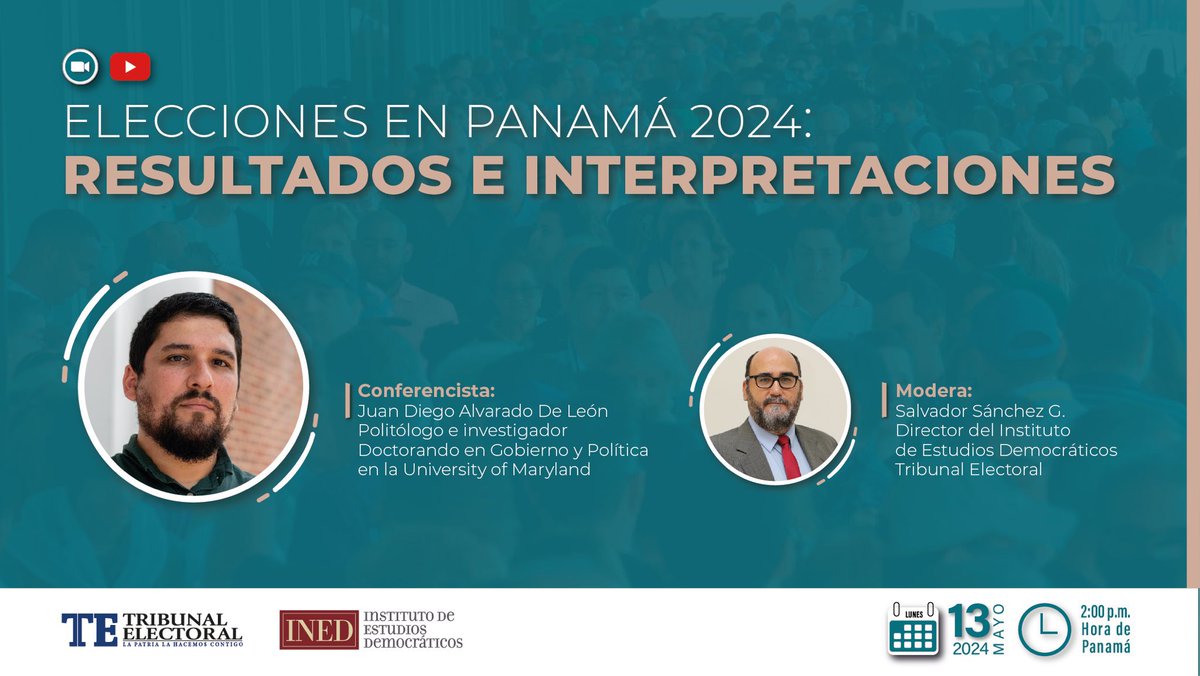 ELECCIONES EN PANAMÁ 2024. Este lunes 13 de mayo a las 2pm estaré conversando con @SSanchezPanama sobre los resultados electorales de 2024 y algunos análisis preliminares que retratan el panorama político. Enlace abajo ⬇️