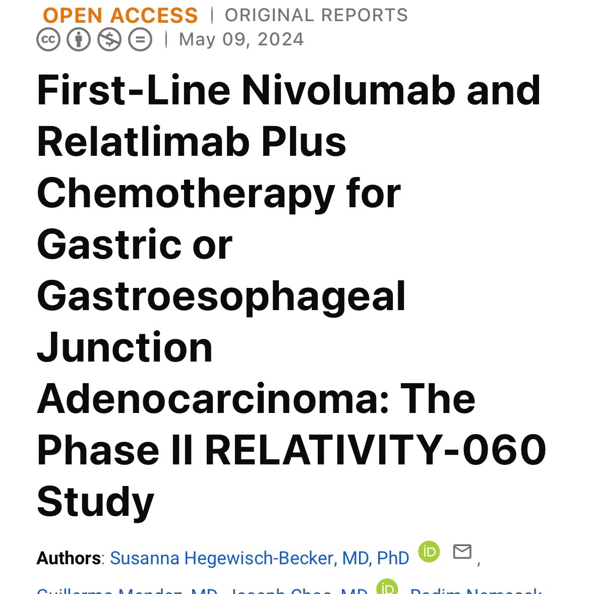💉Adding relatlimab to nivolumab+ ChT in first line treatment of advanced gastric and GEJ cancer
RELATIVITY-060 @JCO_ASCO 

❌Negative study
➡️ORR: 48% vs 61%
➡️mPFS: 7.0 vs 8.3 mo, HR: 1.41 (0.97 to 2.05)
➡️mOS: 13.5 vs 16.0 mo, HR, 1.04: (0.70 to 1.54)