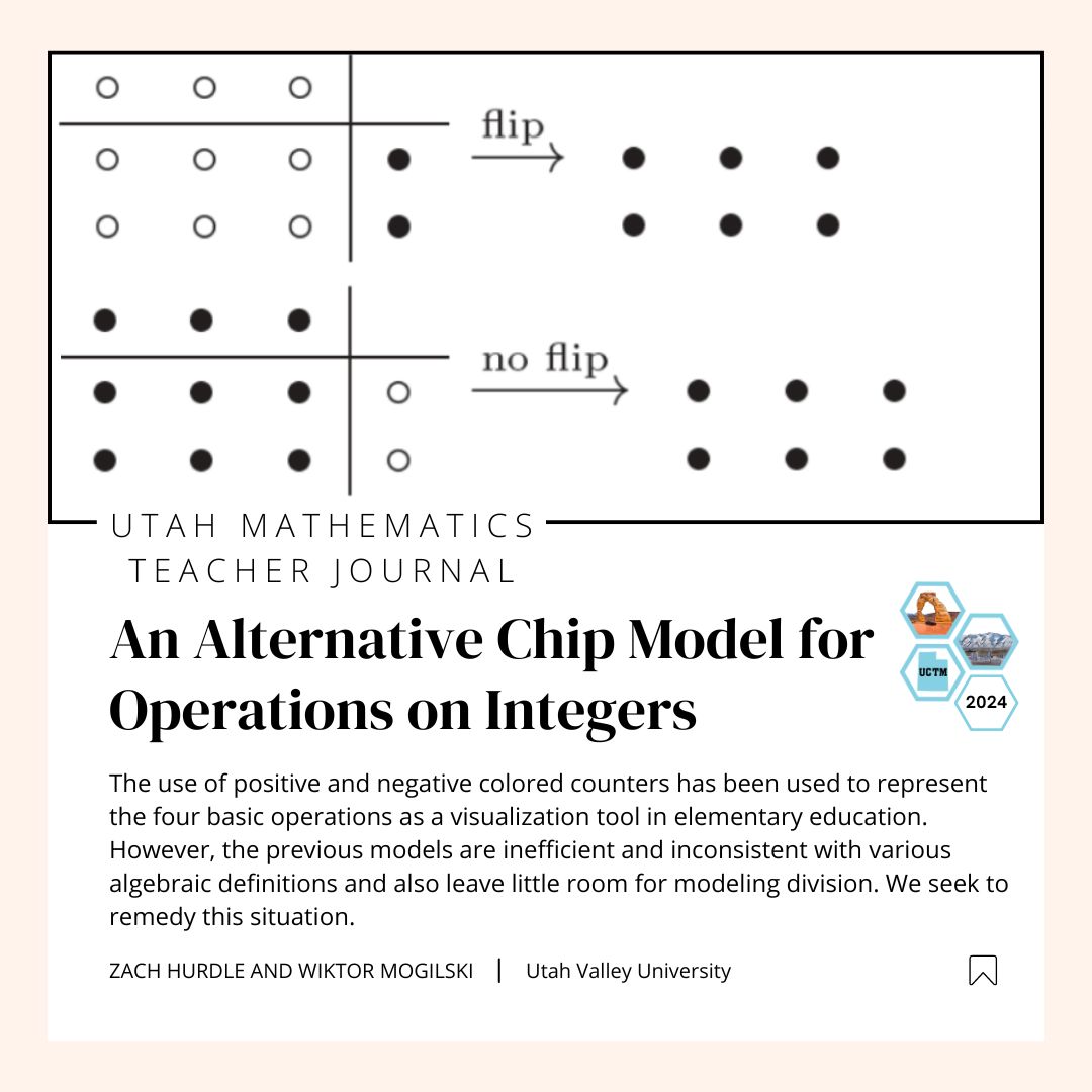 Check out the UCTM Teacher Journal Article: 'An Alternative Chip Model for Operations on Integers' by Zach Hurdle and Wiktor Mogilski from Utah Valley University! #Mathing #UtahEducators #MtBos #IteachMath #UCTM