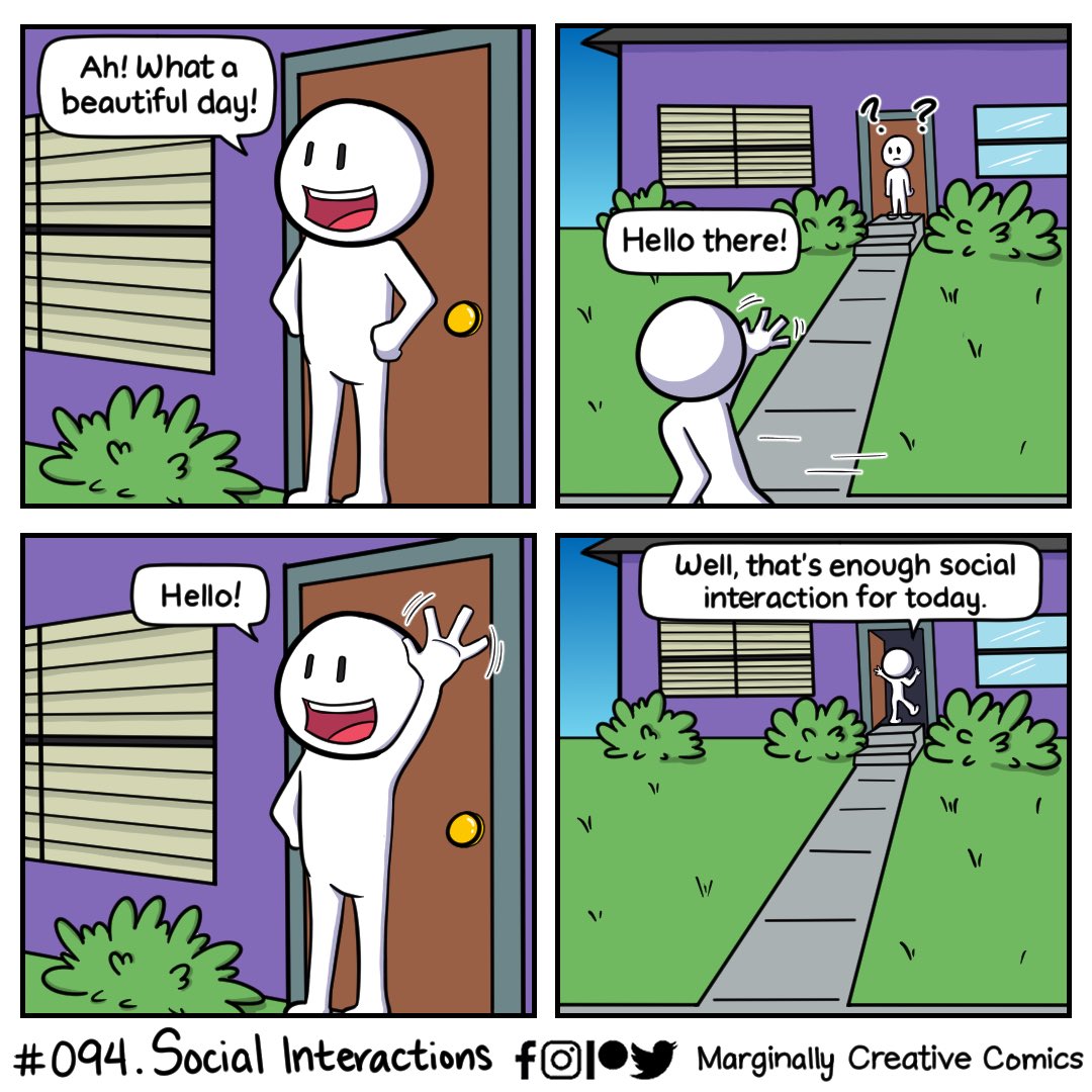 New comic! Comic #094. When you have a very low social energy meter. 🫠
 
#comic #comics #webcomic #webcomics #humor #funny #art #drawing #digitalart #introvert #socialinteraction #lowenergy #antisocial