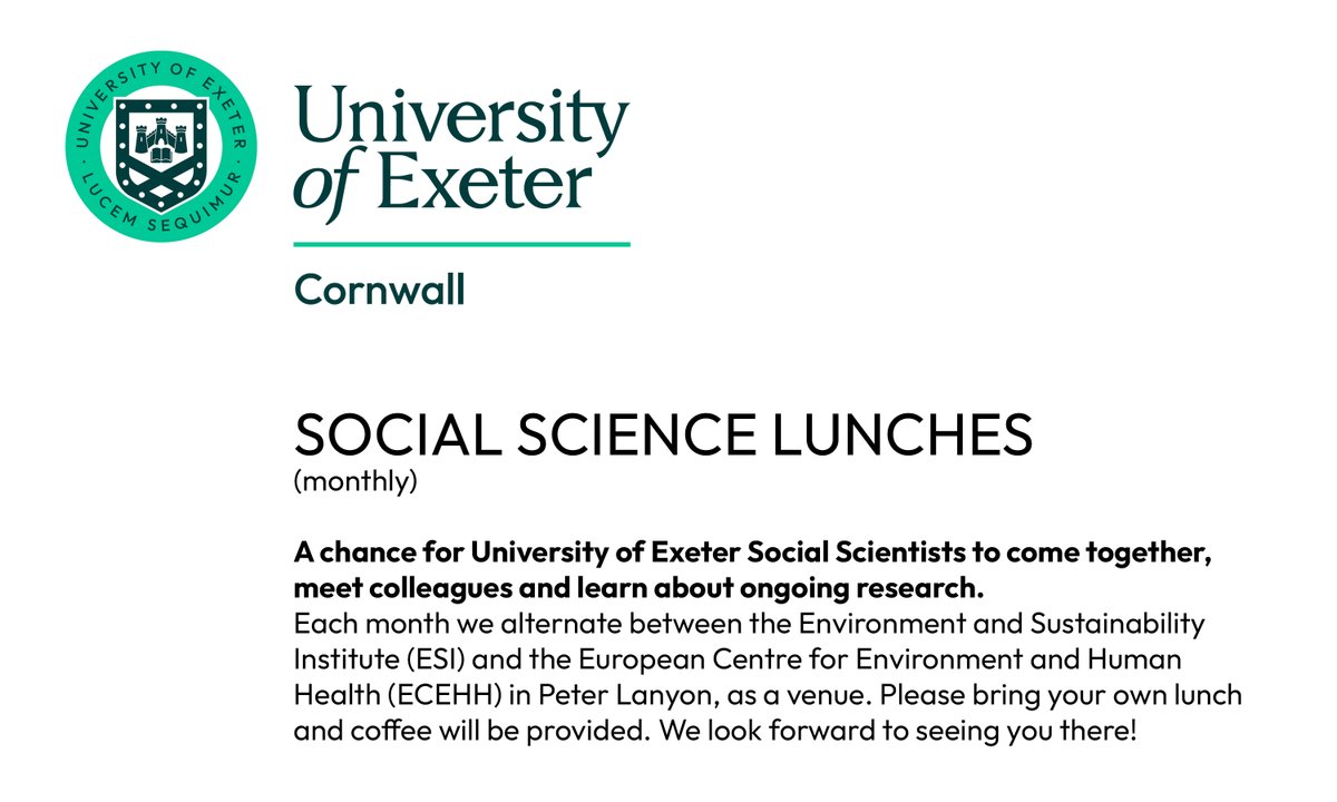 Open to all @UniExeCornwall social scientists. Email esidirector@exeter.ac.uk if you want to be added to the distribution list. @ECEHH @ConnyGuell @UoE_DEES @ExeterMarine @UofEBusiness @HaSSCornwall @ExeterCSaunders @CambSchMines @ExeterLawSchool @UniExeCEC